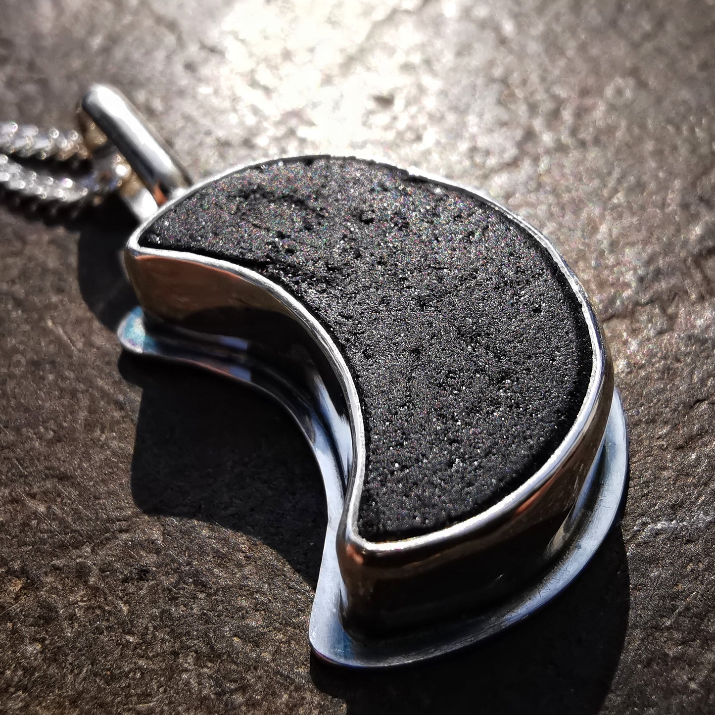 Scottish black crescent moon sea glass & sterling silver pendant.