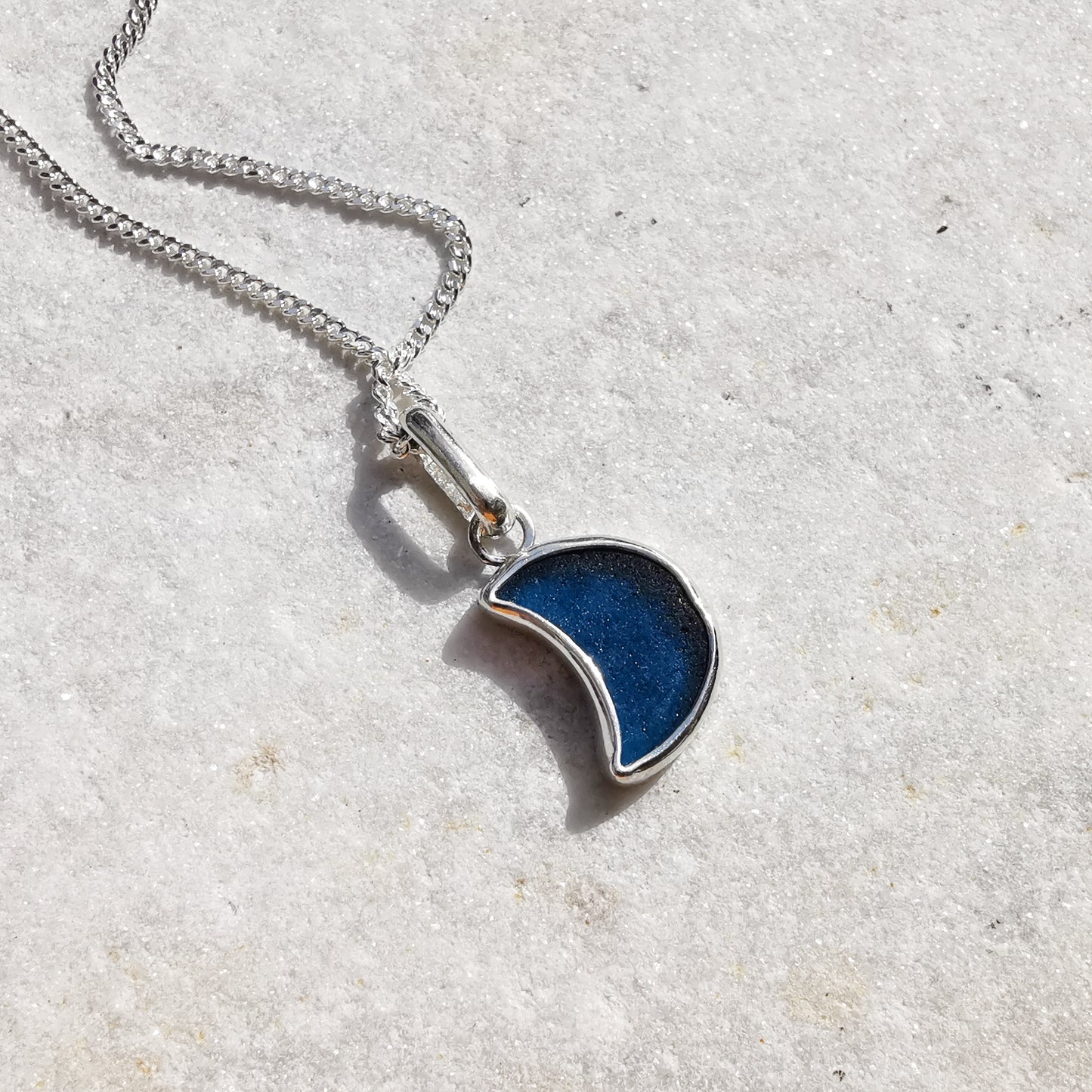 Scottish teal blue crescent moon sea glass & sterling silver pendant.