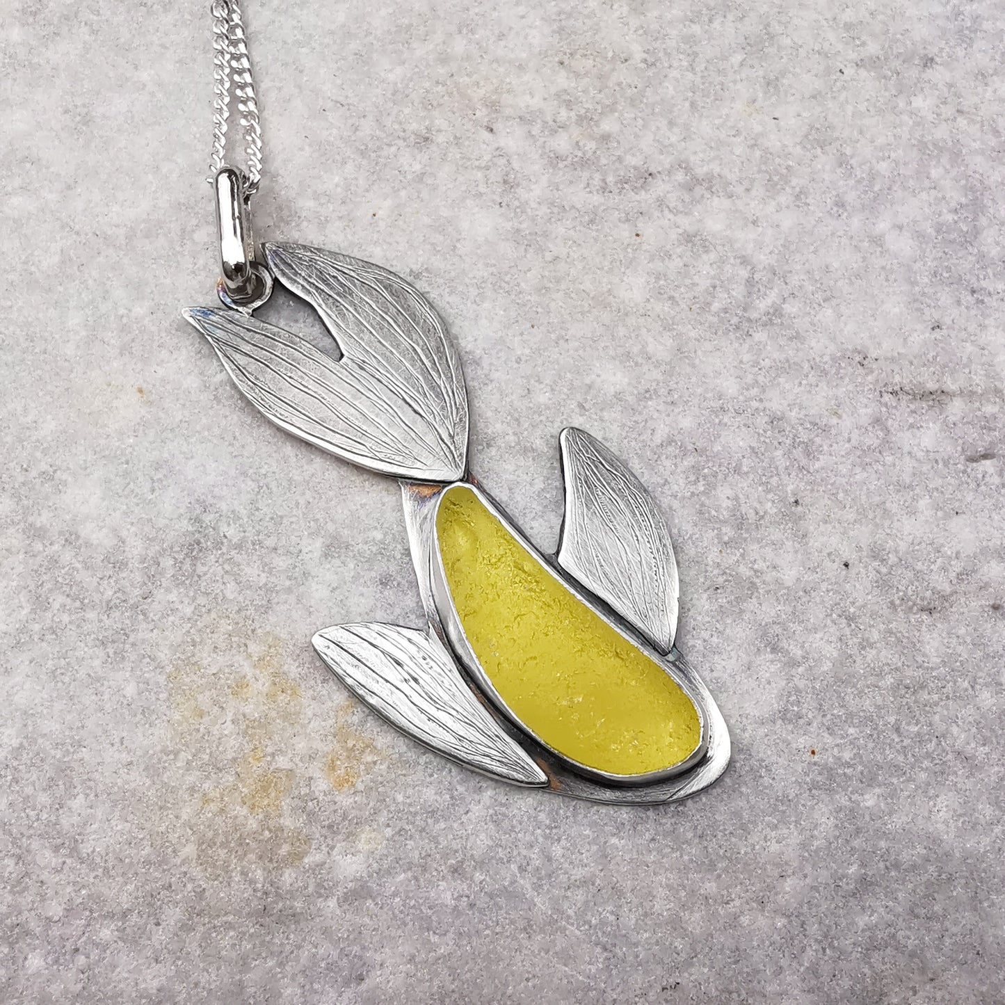 Reserved for Gatia. Scottish fish UV bright yellow sea glass & sterling silver pendant.