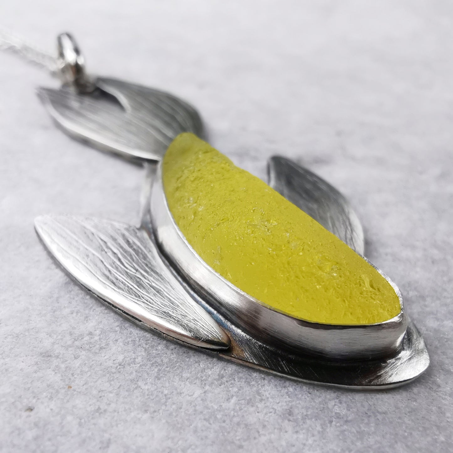 Reserved for Gatia. Scottish fish UV bright yellow sea glass & sterling silver pendant.