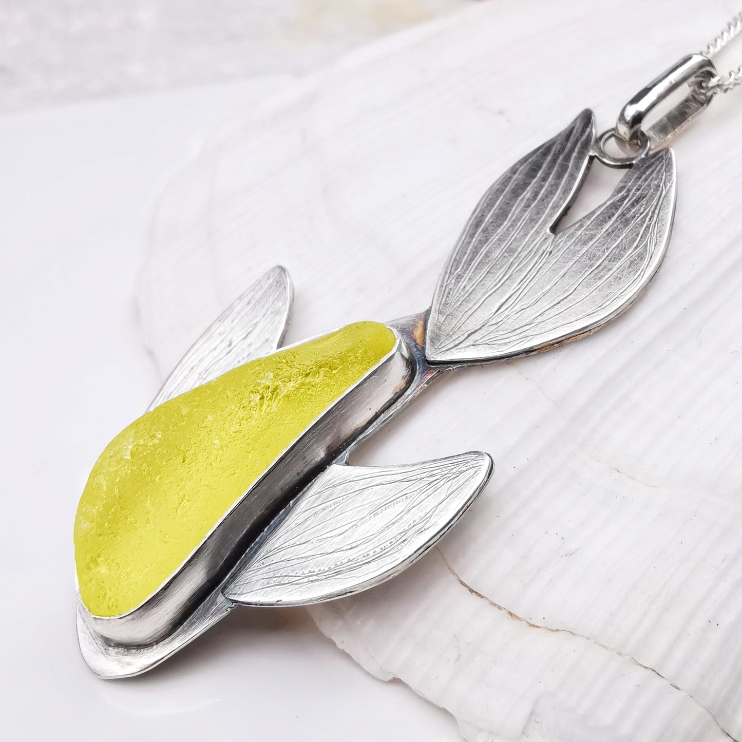 Reserved for Gatia. Scottish fish UV bright yellow sea glass & sterling silver pendant.