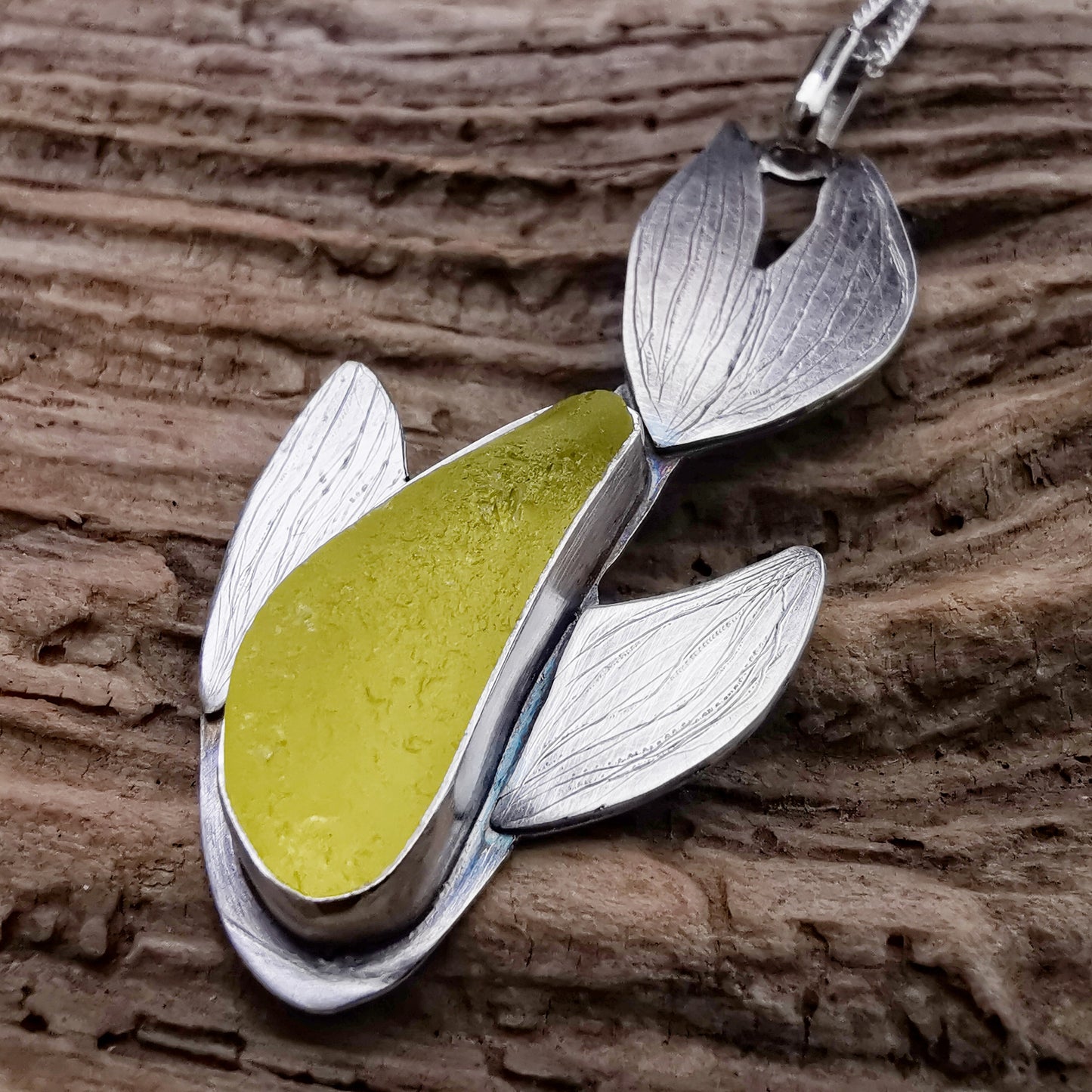 Reserved for Gatia. Scottish fish UV bright yellow sea glass & sterling silver pendant.