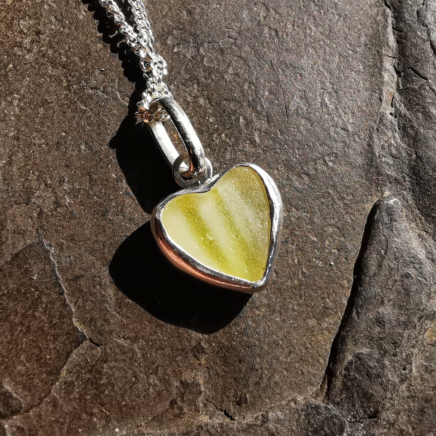 Scottish yellow and white sea glass heart & sterling silver pendant.