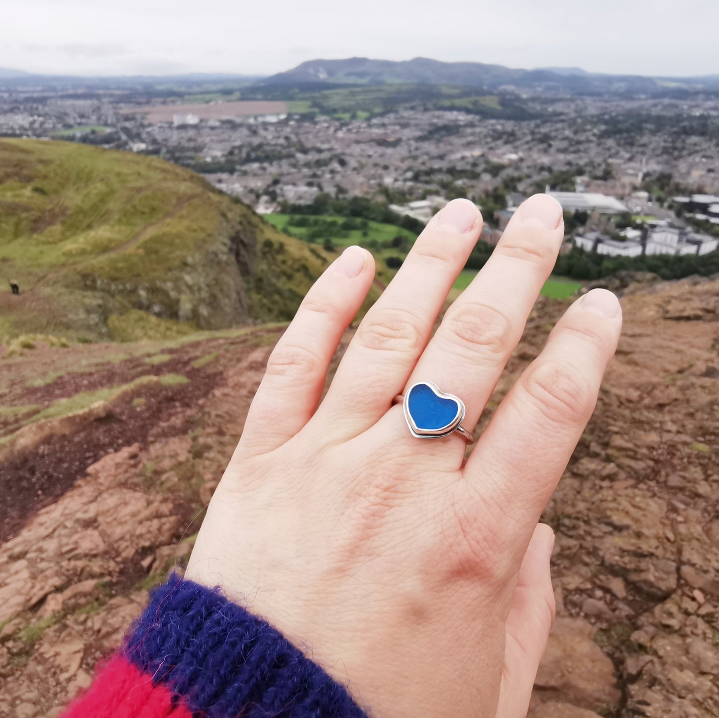 Scottish blue sea glass heart, adjustable sterling silver ring.