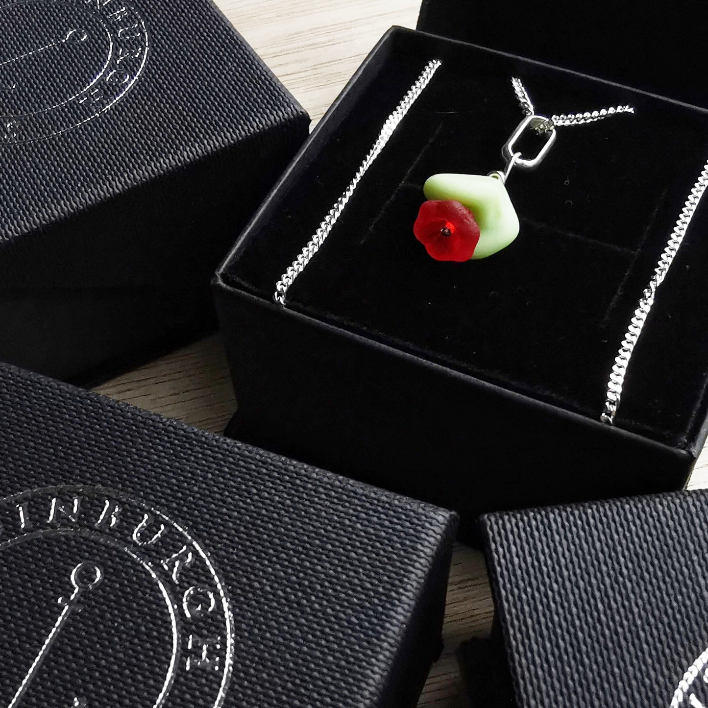 Scottish red and green flower sea glass beads & sterling silver necklace.