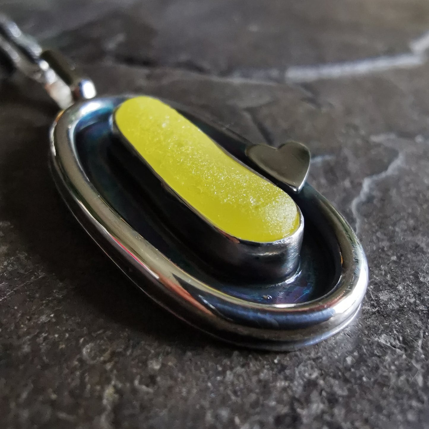 Scottish yellow UV sea glass & sterling silver pendant.