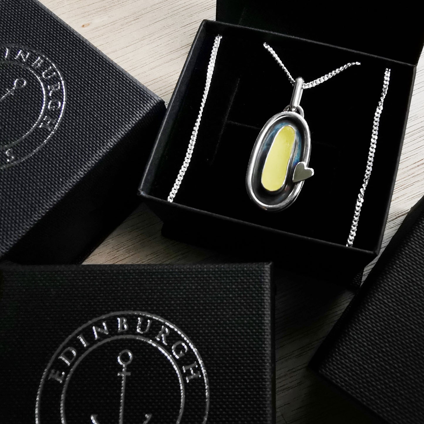 Scottish yellow UV sea glass & sterling silver pendant.