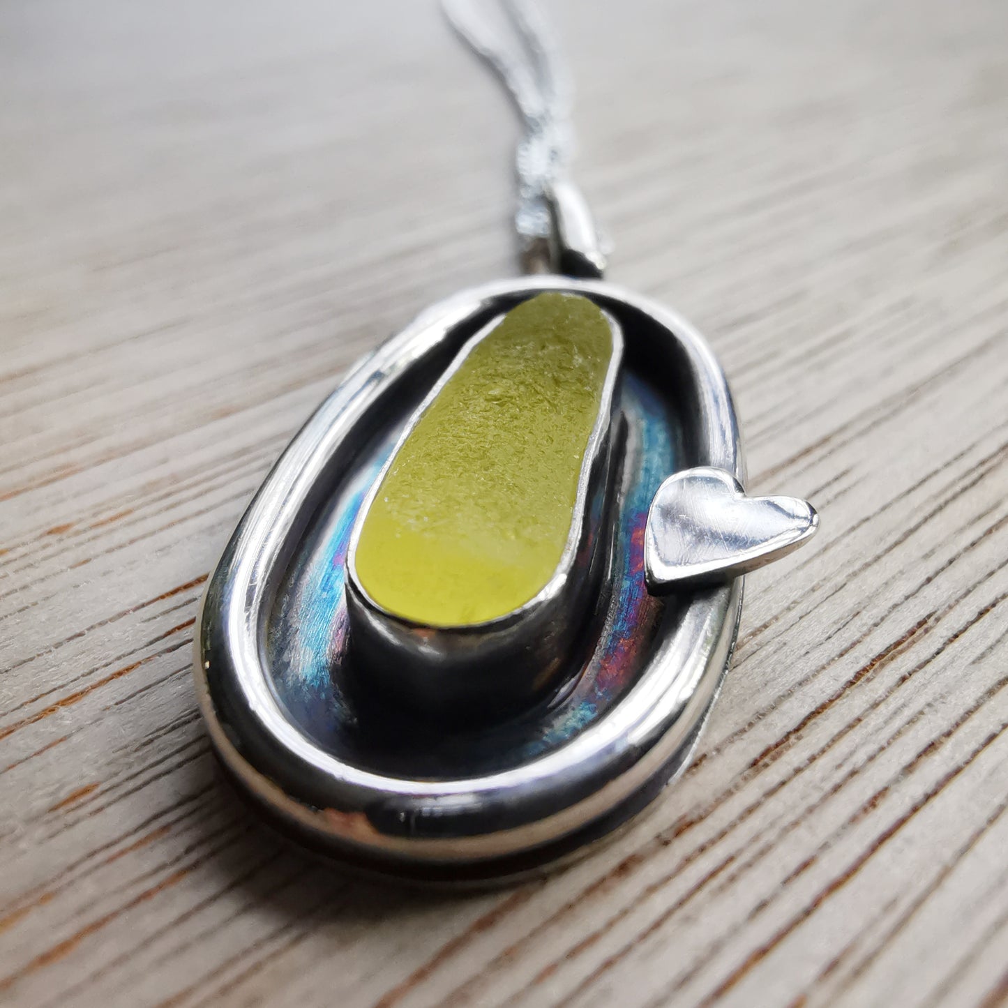 Scottish yellow UV sea glass & sterling silver pendant.