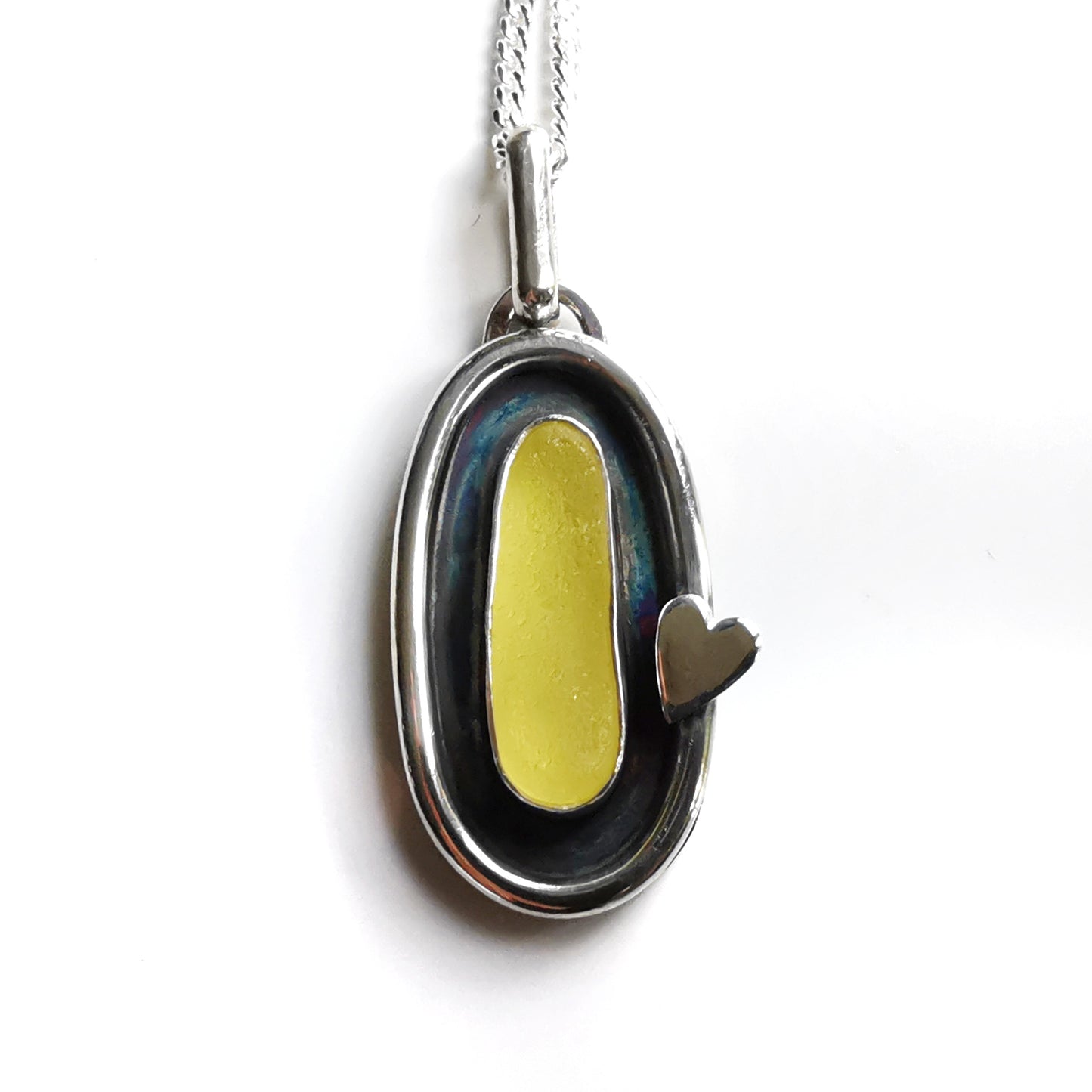 Scottish yellow UV sea glass & sterling silver pendant.