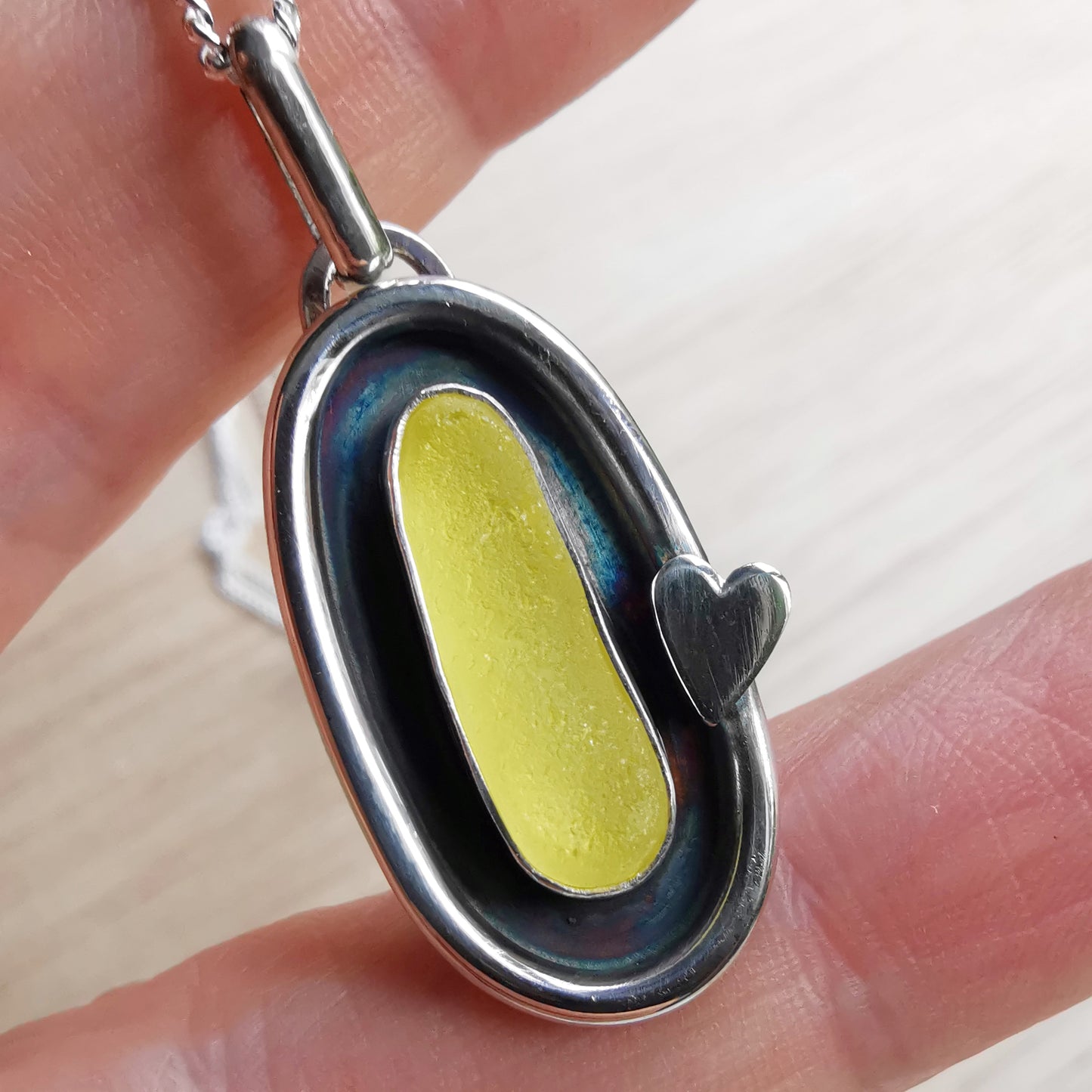 Scottish yellow UV sea glass & sterling silver pendant.