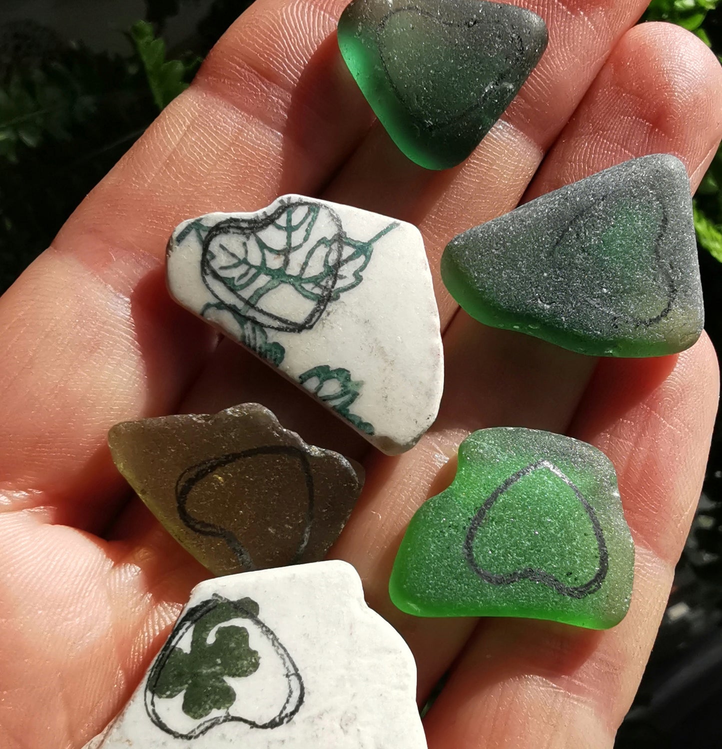 Four leaf clover 'good luck' sea glass hearts & sterling silver pendant.