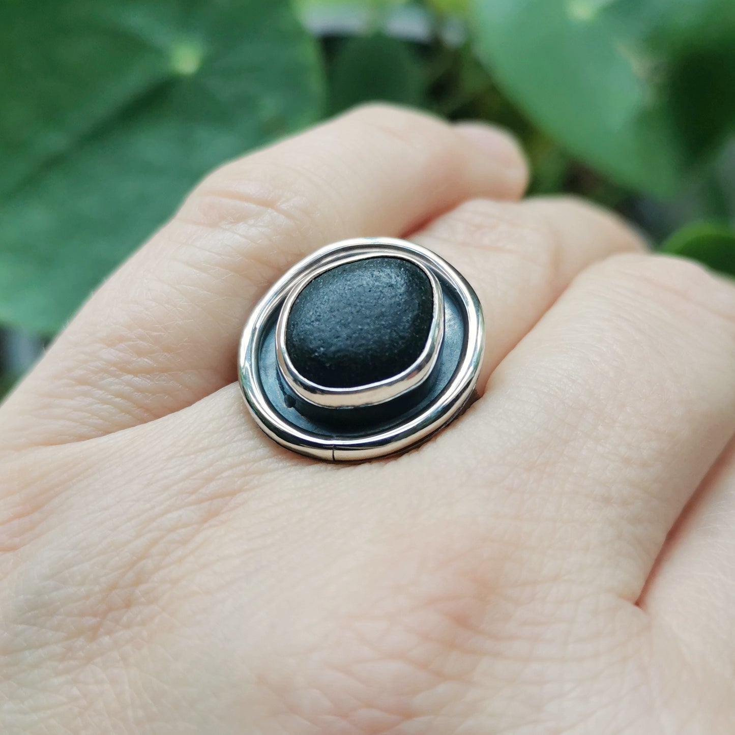 Black Scottish sea glass & sterling silver ring.
