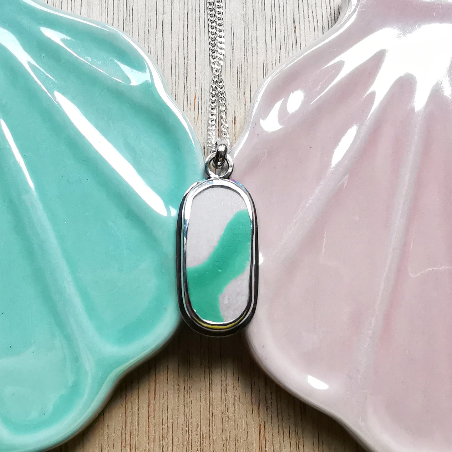 Scottish teal and pink 'vitamin sea' pottery & sterling silver pendant.
