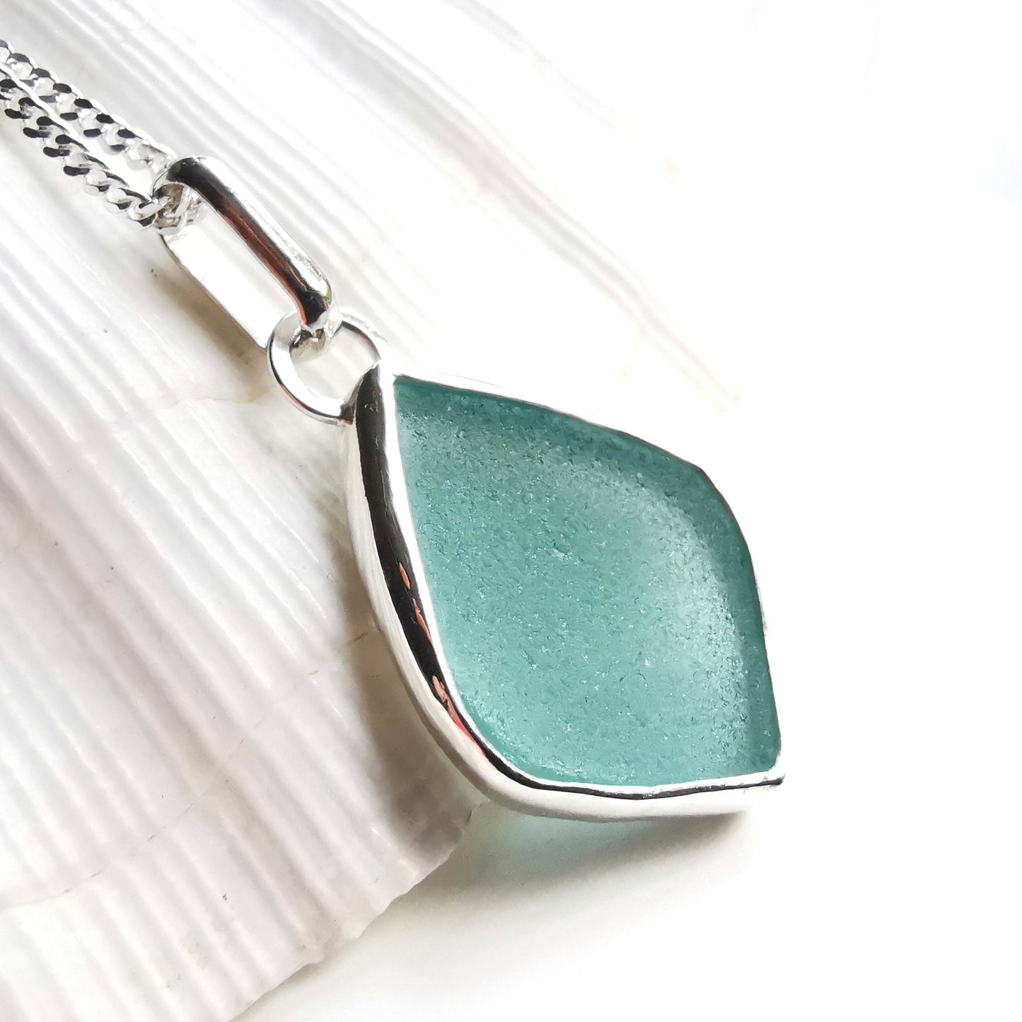 Scottish teal sea glass & sterling silver pendant.