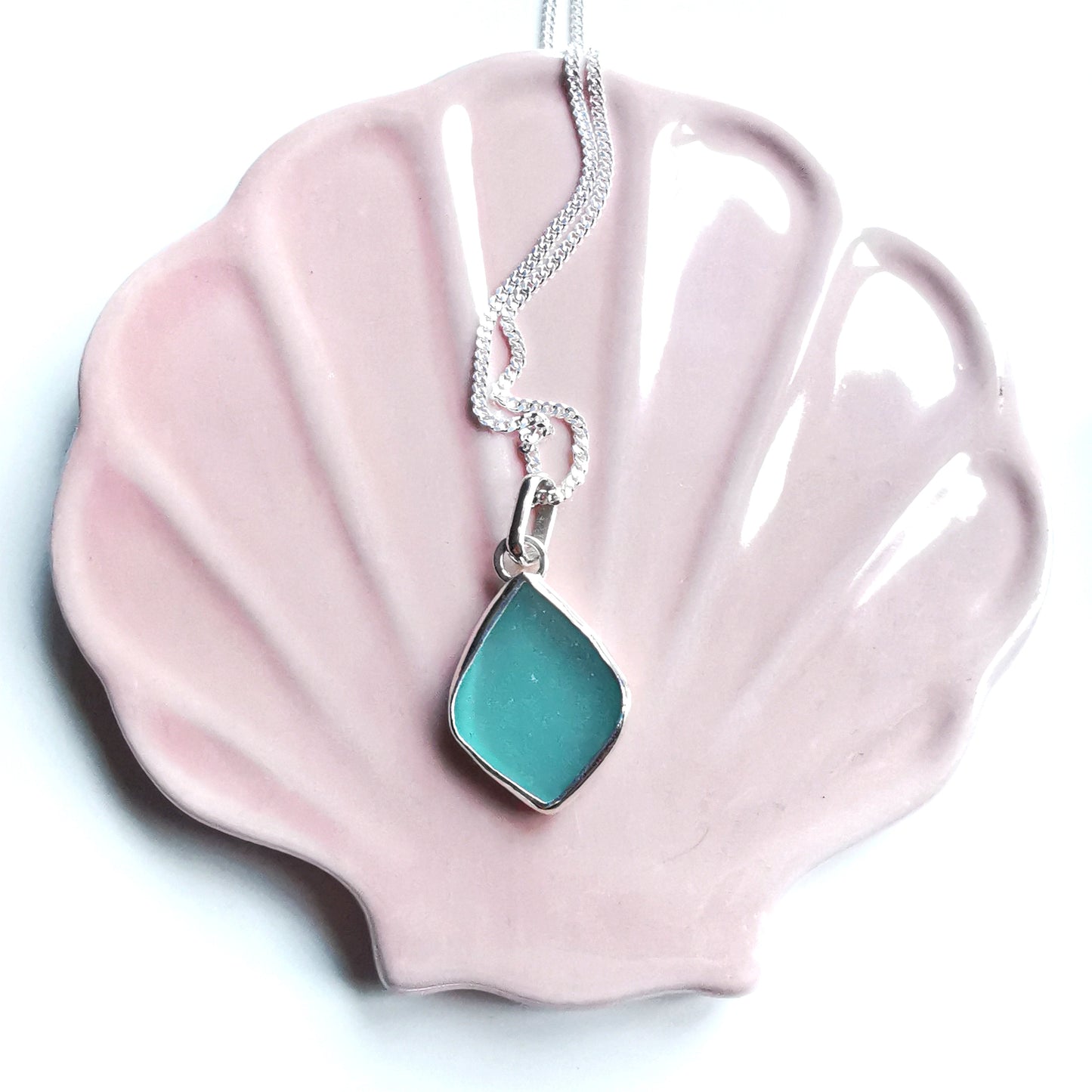 Scottish teal sea glass & sterling silver pendant.