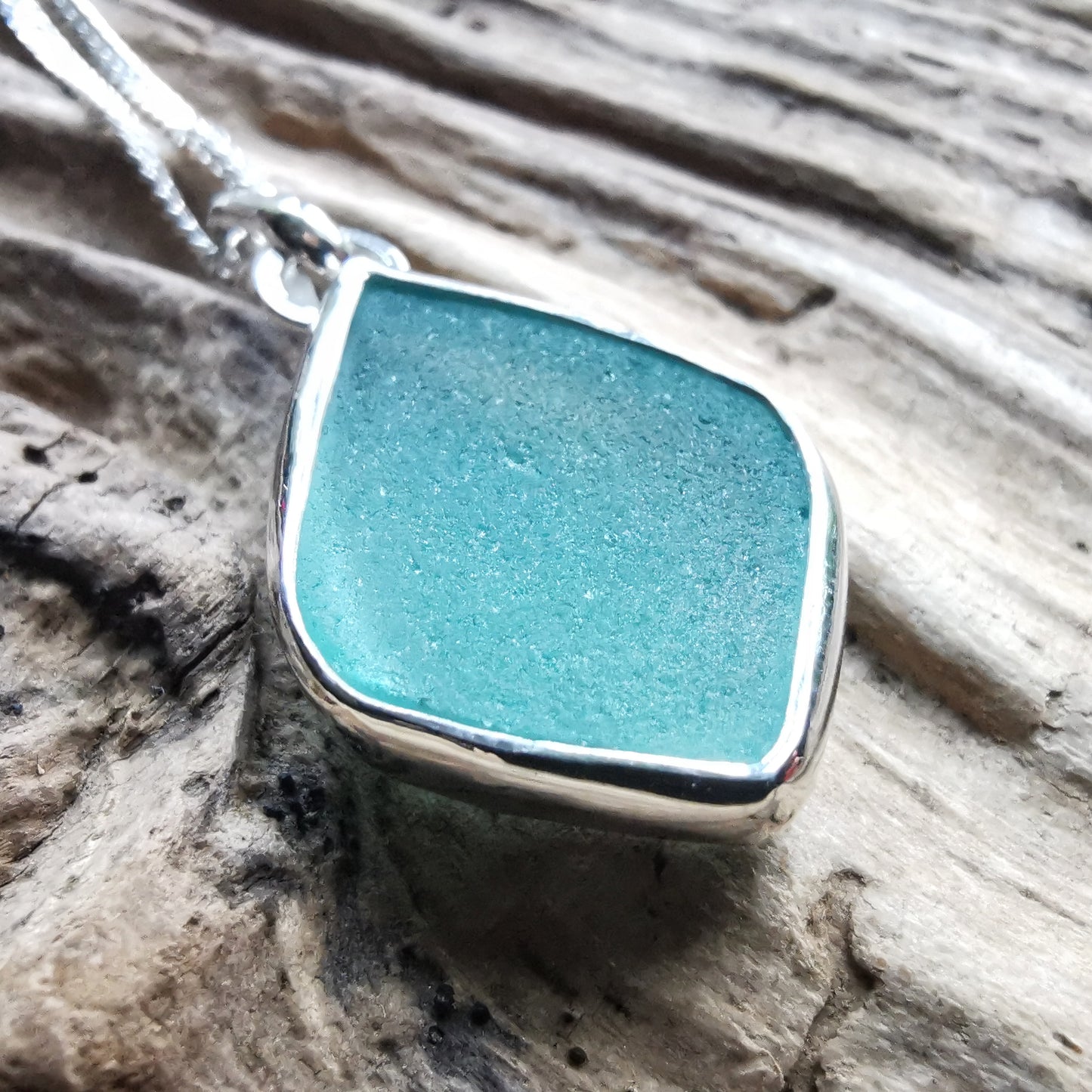 Scottish teal sea glass & sterling silver pendant.