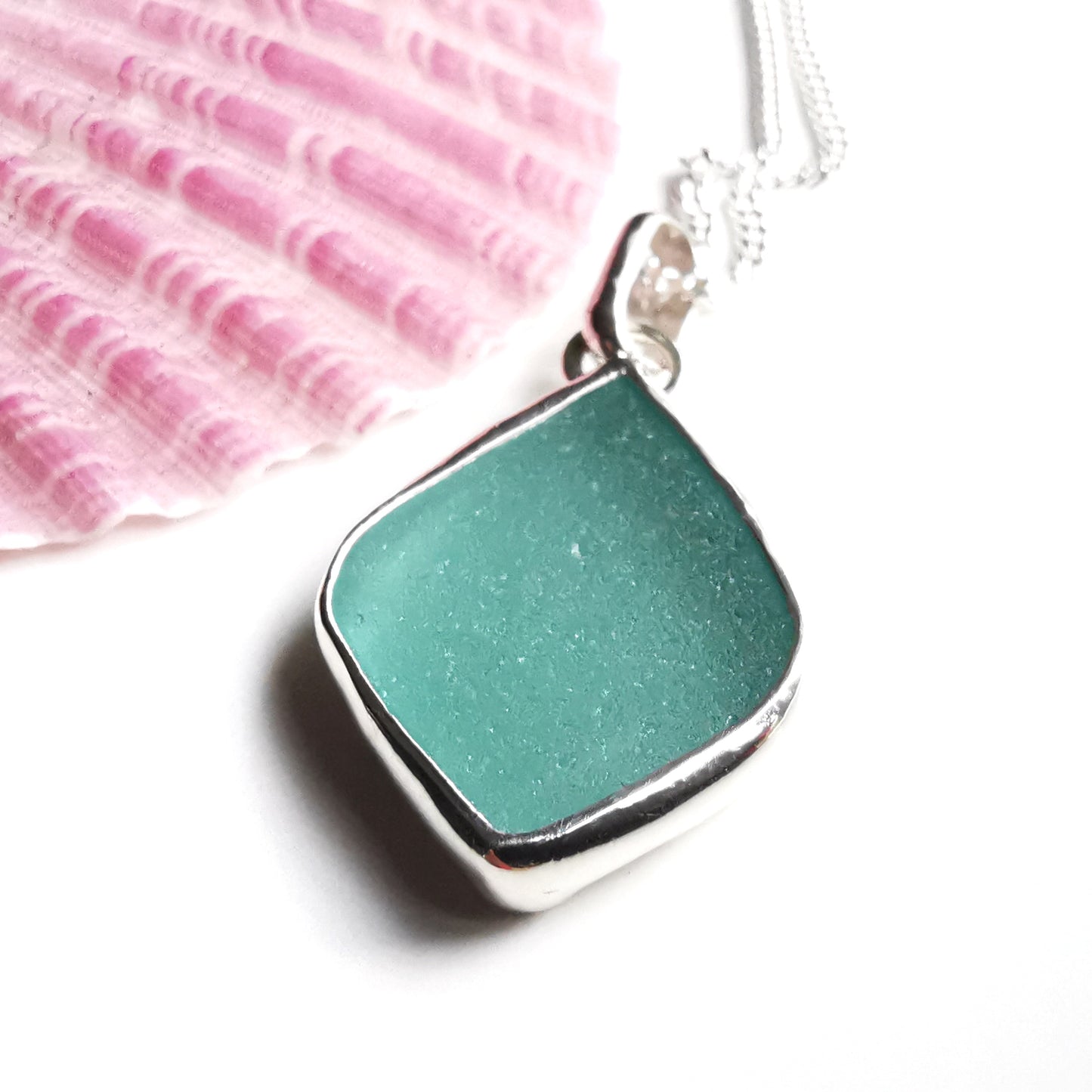 Scottish teal sea glass & sterling silver pendant.