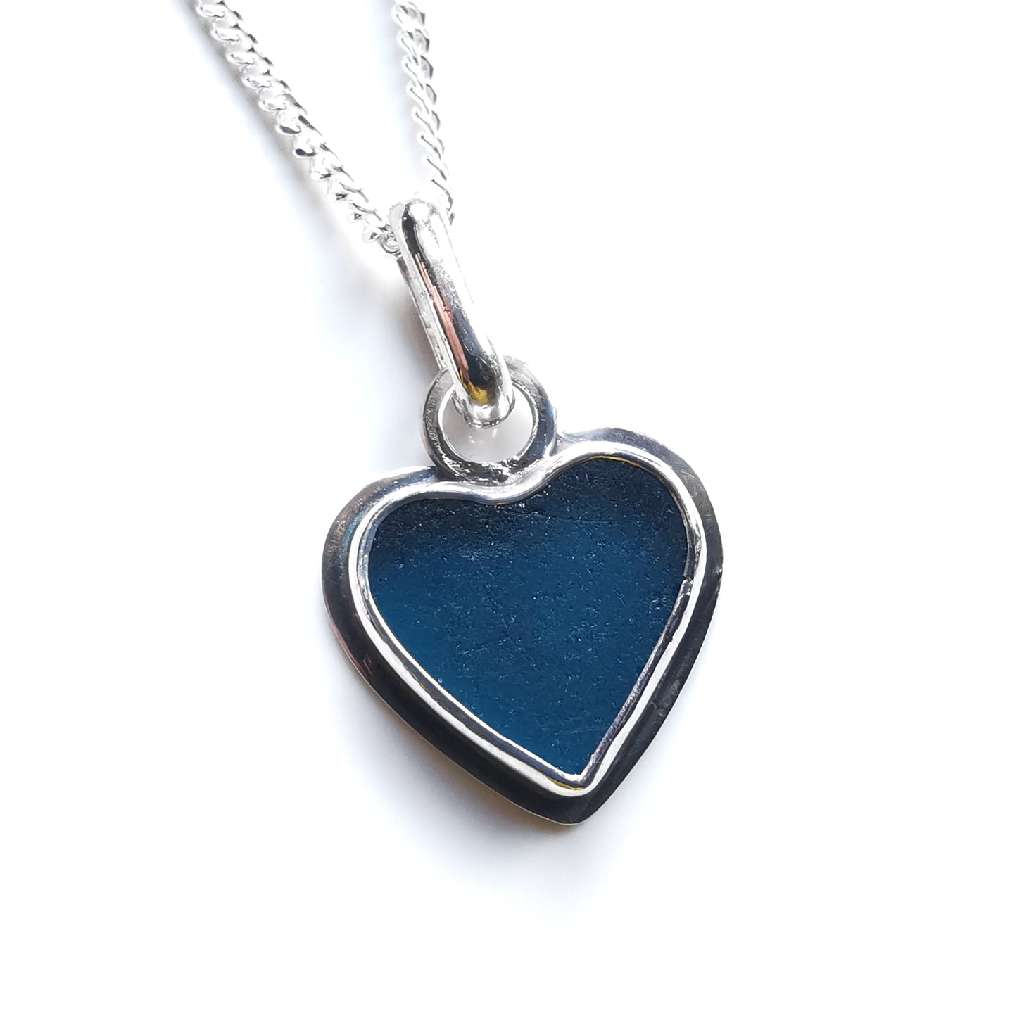 Scottish teal blue sea glass heart & sterling silver pendant.