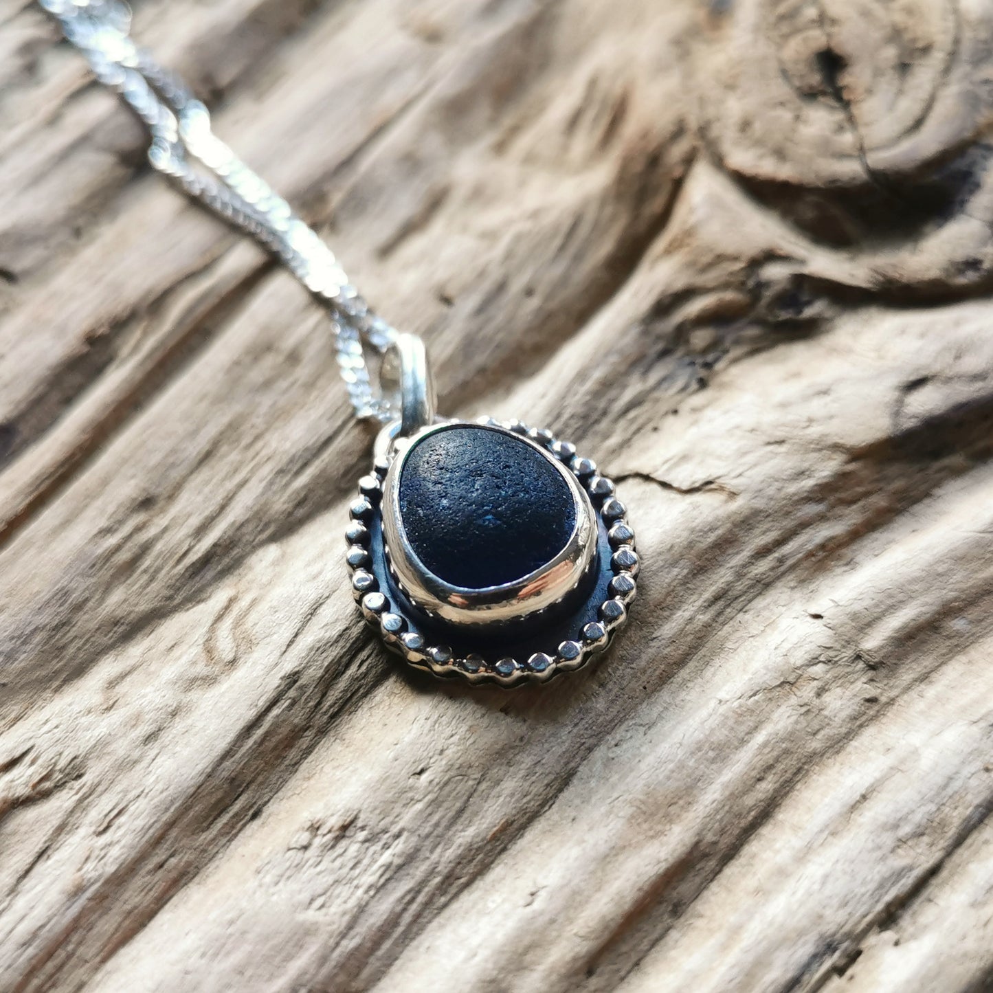 Cobalt blue sea glass & sterling silver pendant.