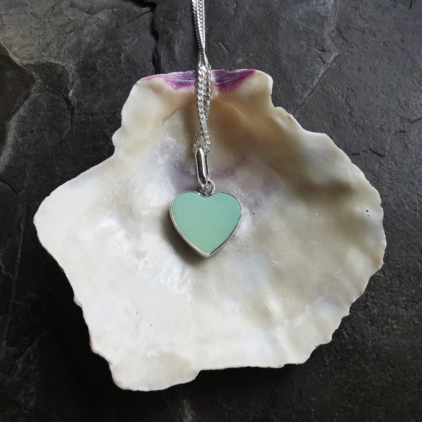 Reserved for Gatia. Scottish soft green sea glass heart & sterling silver pendant.