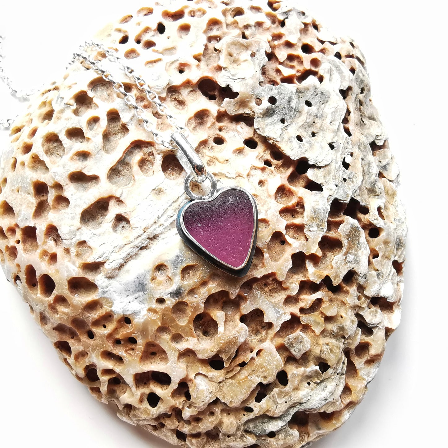 Scottish purple sea glass heart & sterling silver pendant.