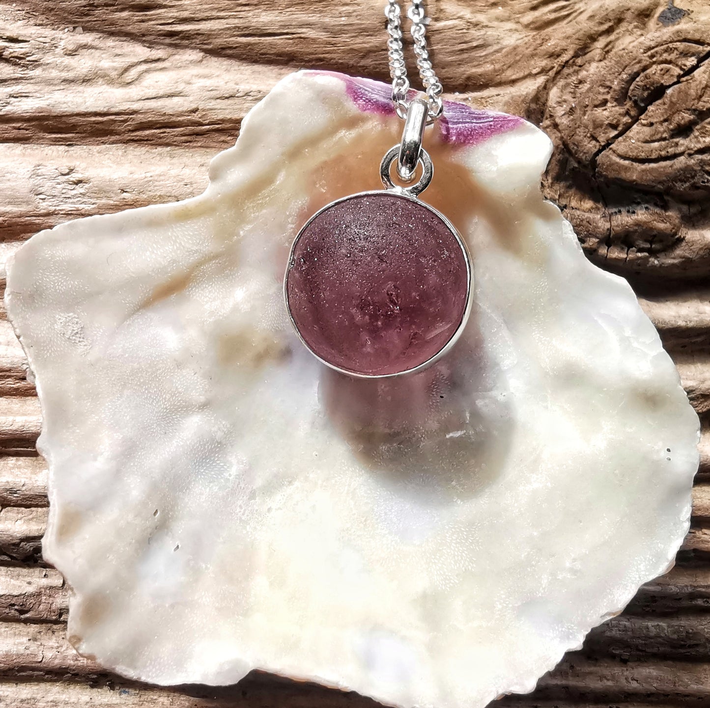 Genuine purple Scottish sea glass marble & sterling silver pendant.