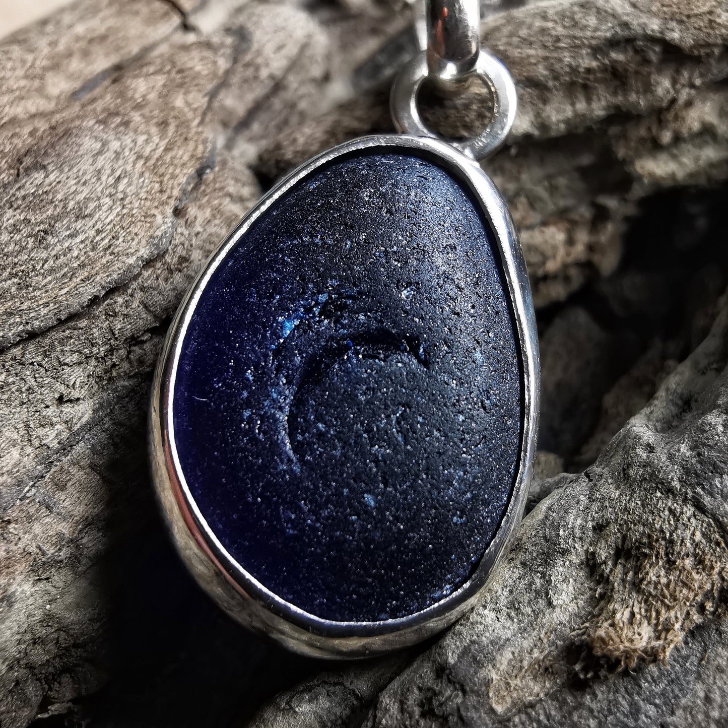 Cobalt blue Seaham sea glass & sterling silver pendant.