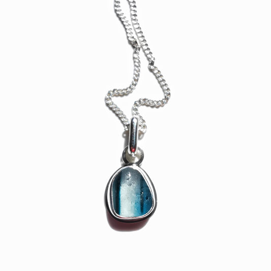 Seaham stripey teal, blue and clear multi sea glass & sterling silver pendant.