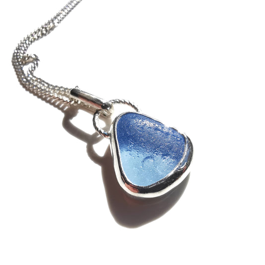 Seaham sky blue sea glass & sterling silver pendant.