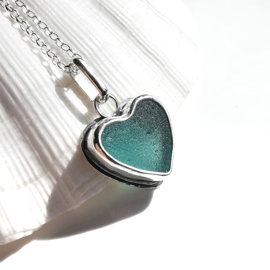 Scottish teal sea glass heart & sterling silver pendant.