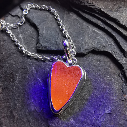 Scottish orange UV sea glass heart & sterling silver pendant.