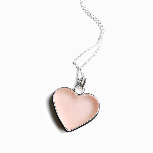 Scottish large soft pink sea glass heart & sterling silver pendant.