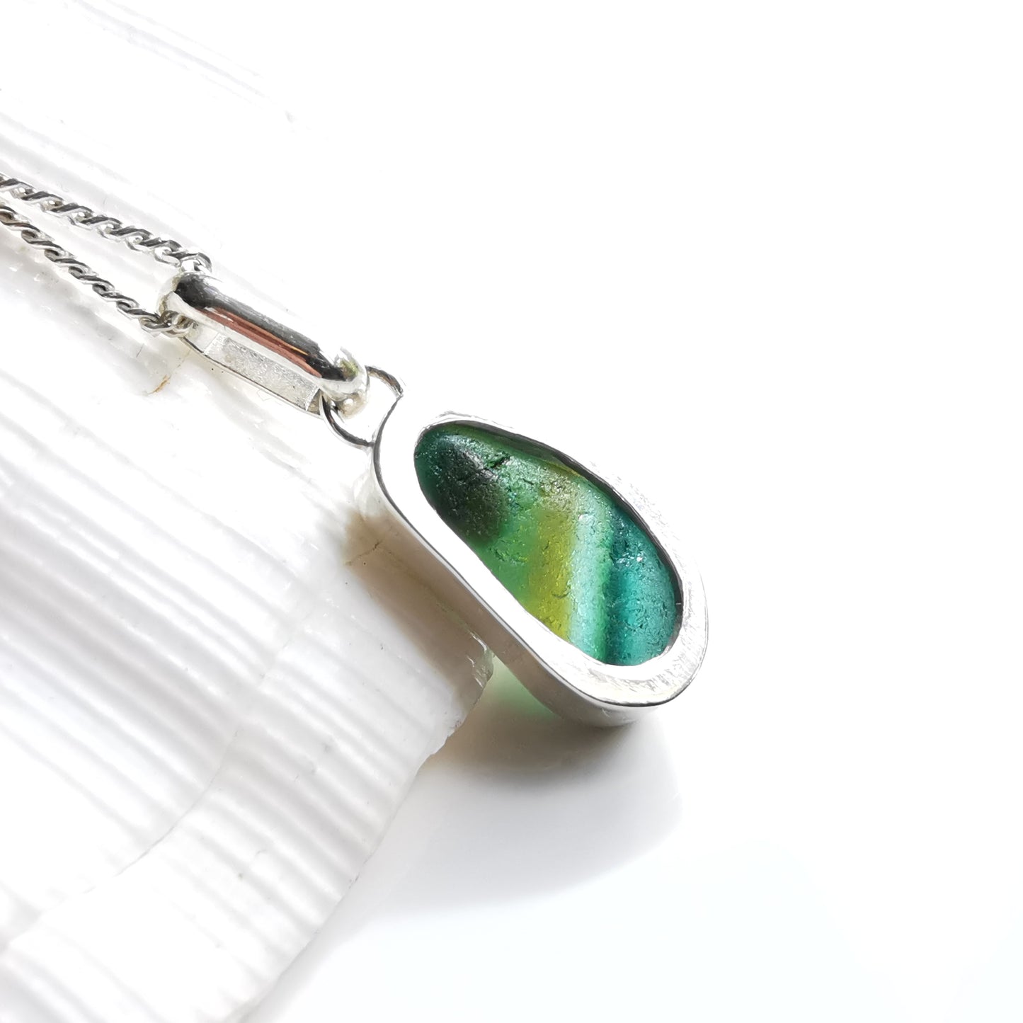 Seaham green multi sea glass & sterling silver pendant.