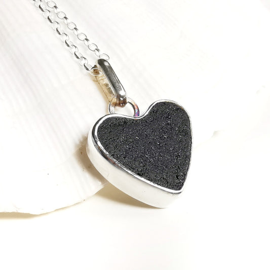 Reserved. Scottish black sea glass heart & sterling silver pendant.