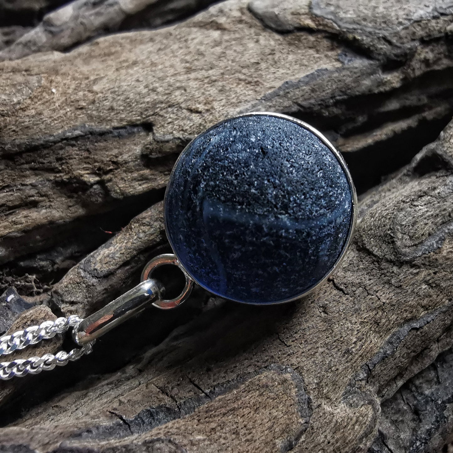 Scottish dark blue sea glass marble & sterling silver pendant.