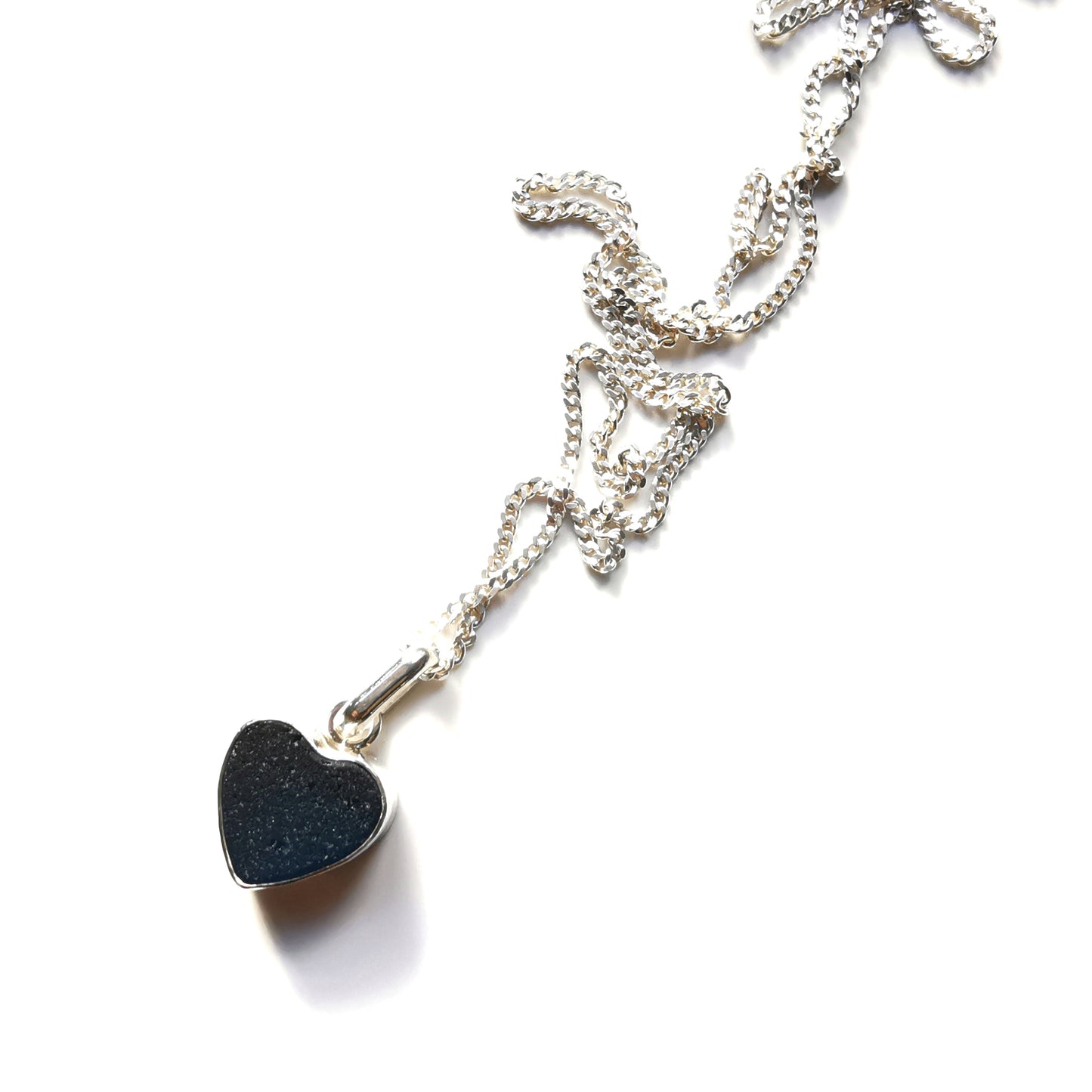 Scottish dark teal blue sea glass heart & sterling silver pendant.