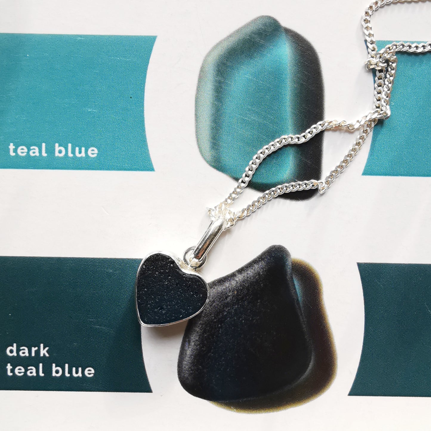 Scottish dark teal blue sea glass heart & sterling silver pendant.