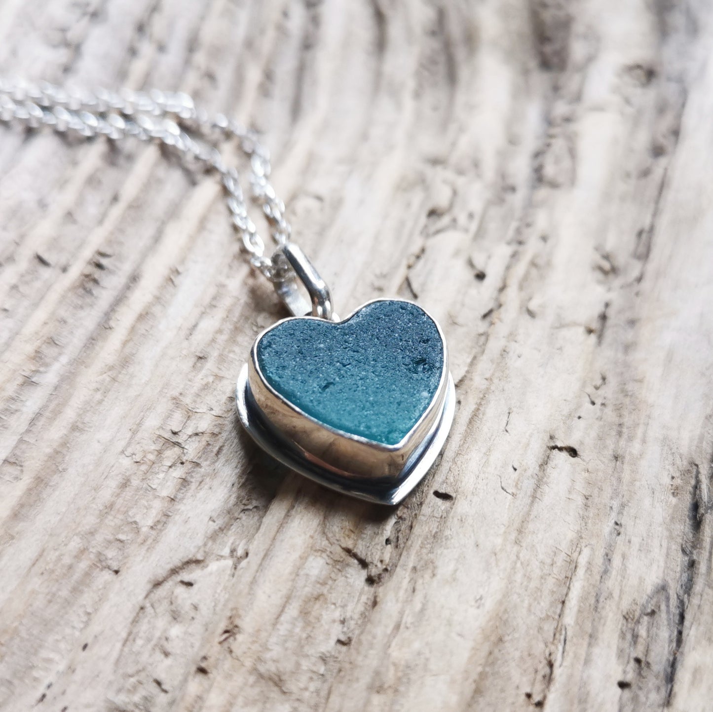 Scottish teal sea glass heart & sterling silver pendant.