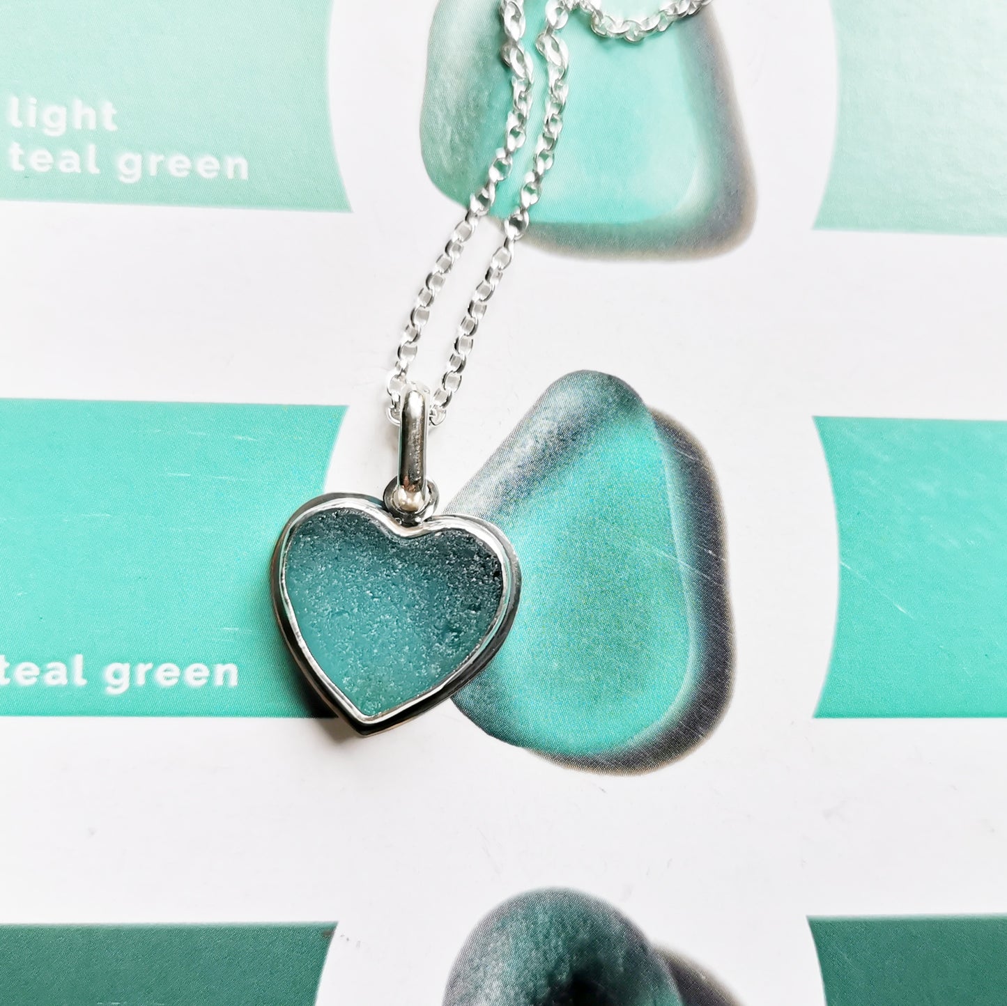 Scottish teal sea glass heart & sterling silver pendant.
