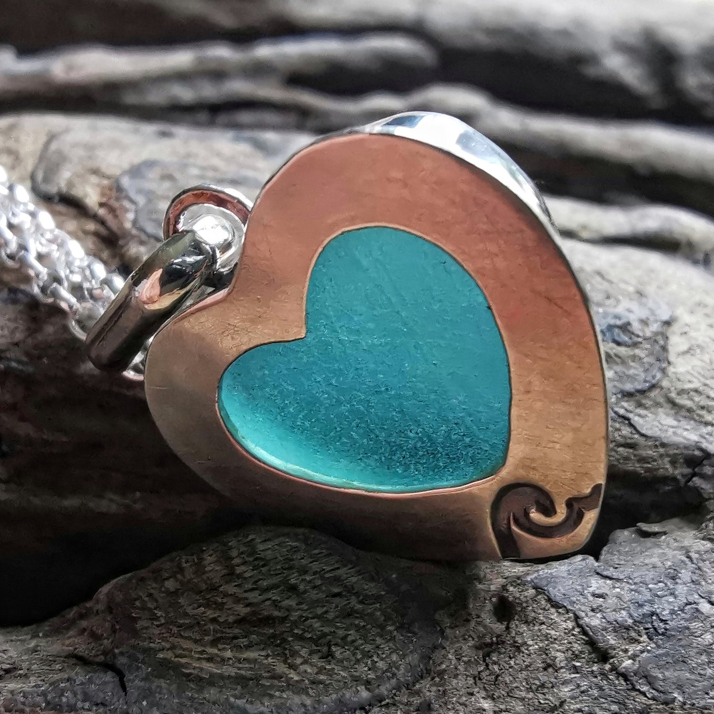 Scottish teal sea glass heart & sterling silver pendant.