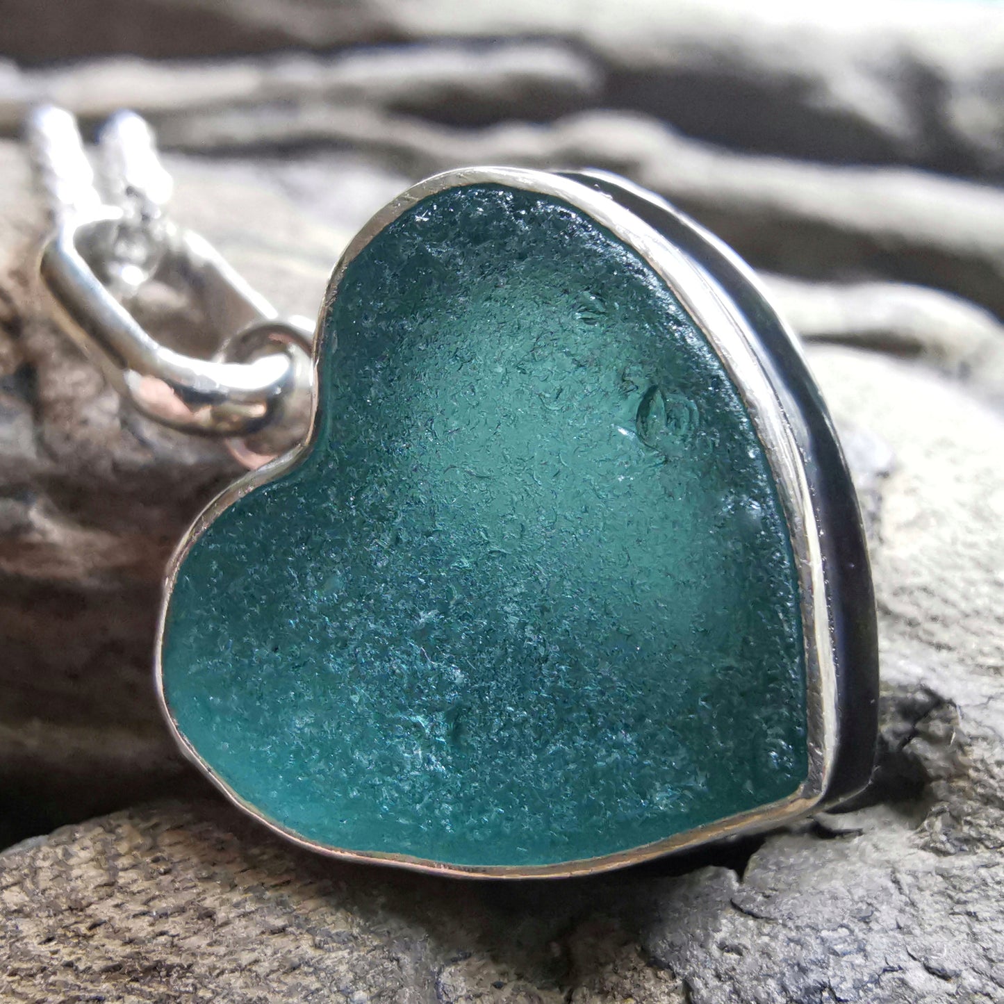 Scottish teal sea glass heart & sterling silver pendant.