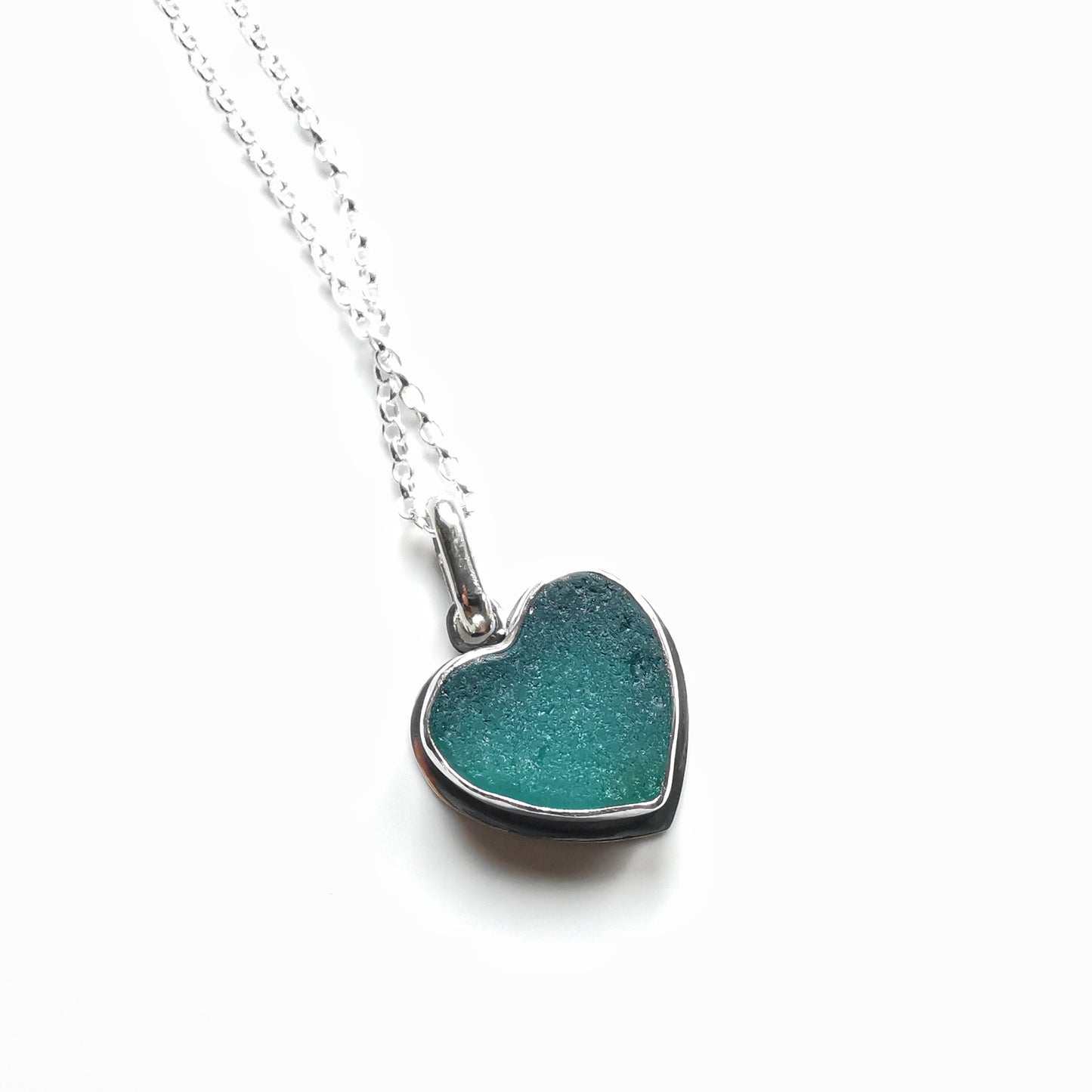 Scottish teal sea glass heart & sterling silver pendant.