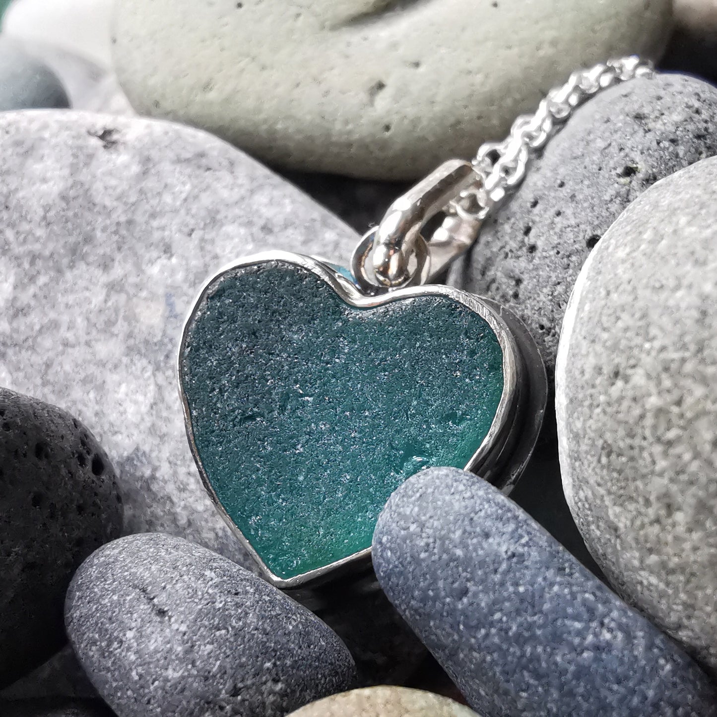 Scottish teal sea glass heart & sterling silver pendant.