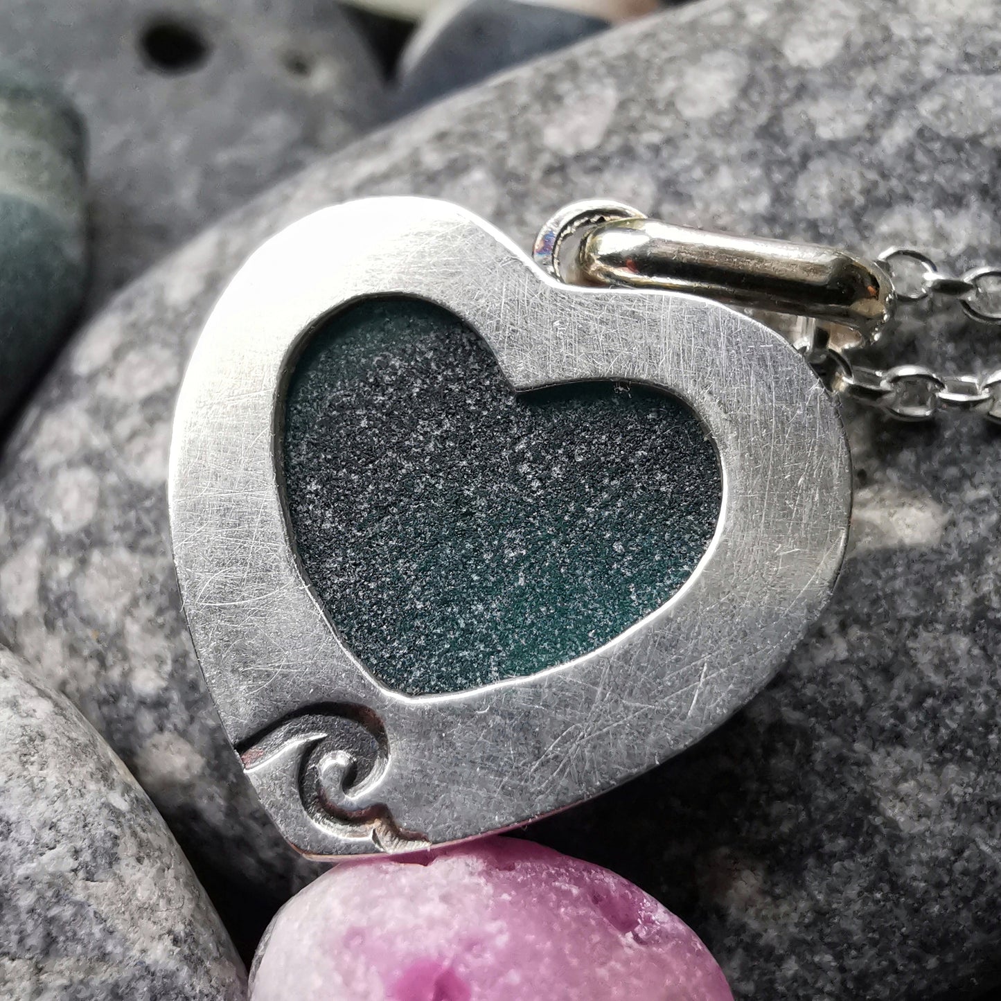 Scottish teal sea glass heart & sterling silver pendant.