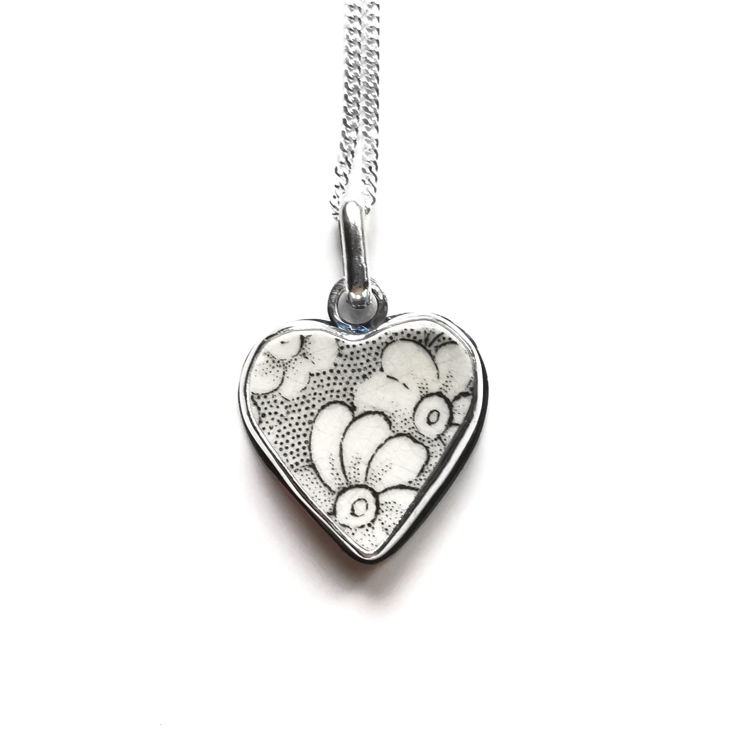 Scottish foliage pattern sea pottery heart & sterling silver pendant.