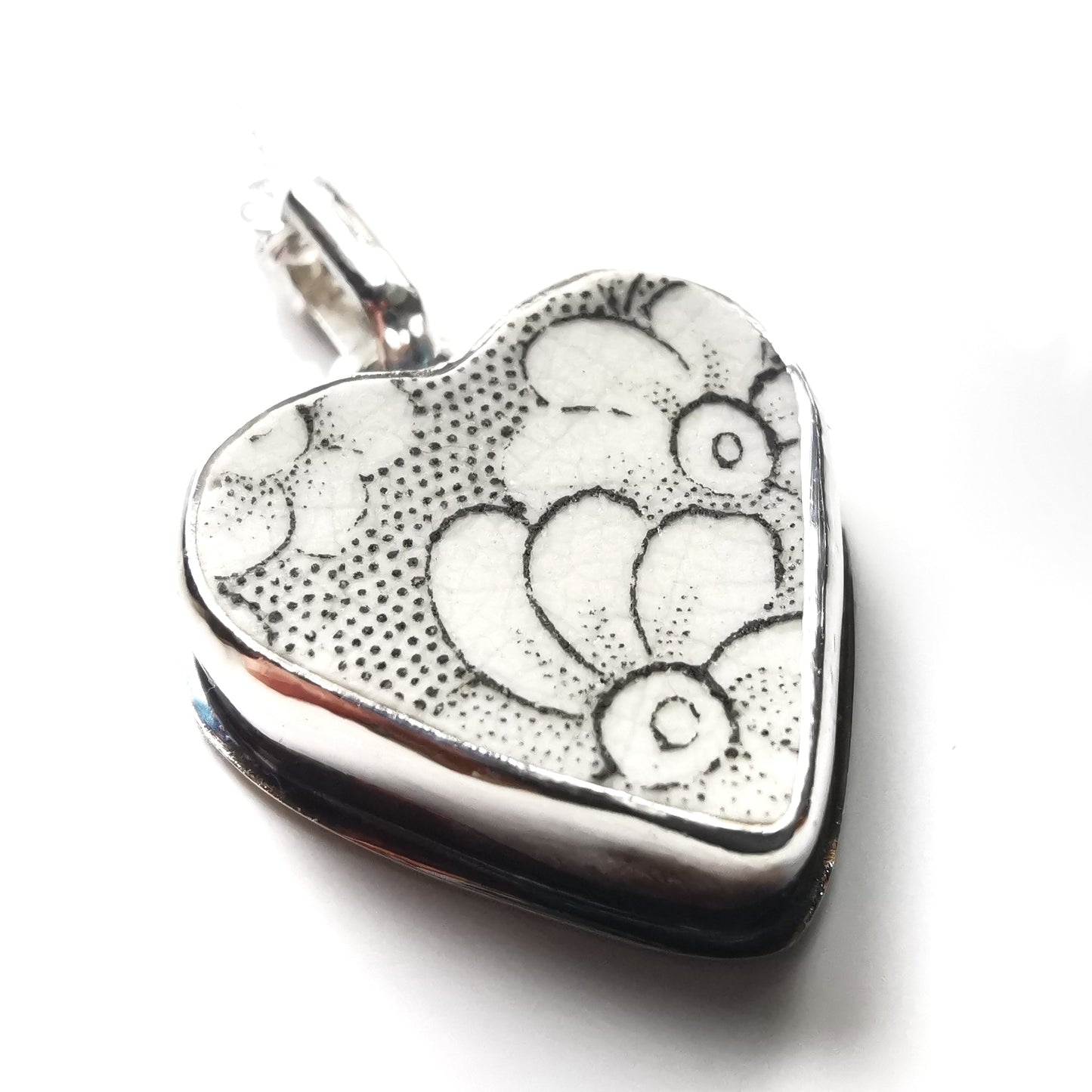 Scottish foliage pattern sea pottery heart & sterling silver pendant.