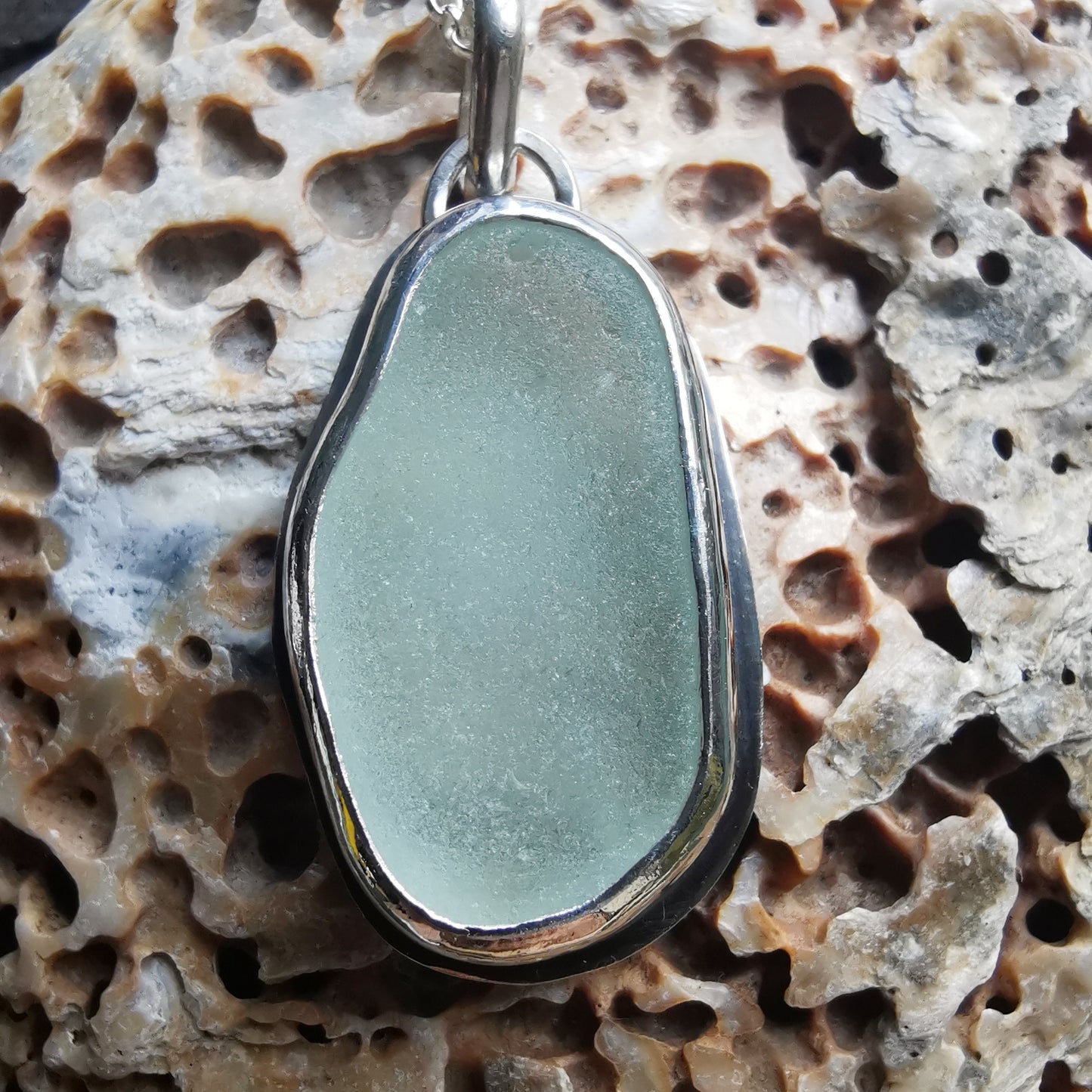 Custom made for Gillian. Seafoam sea glass & sterling silver pendant.