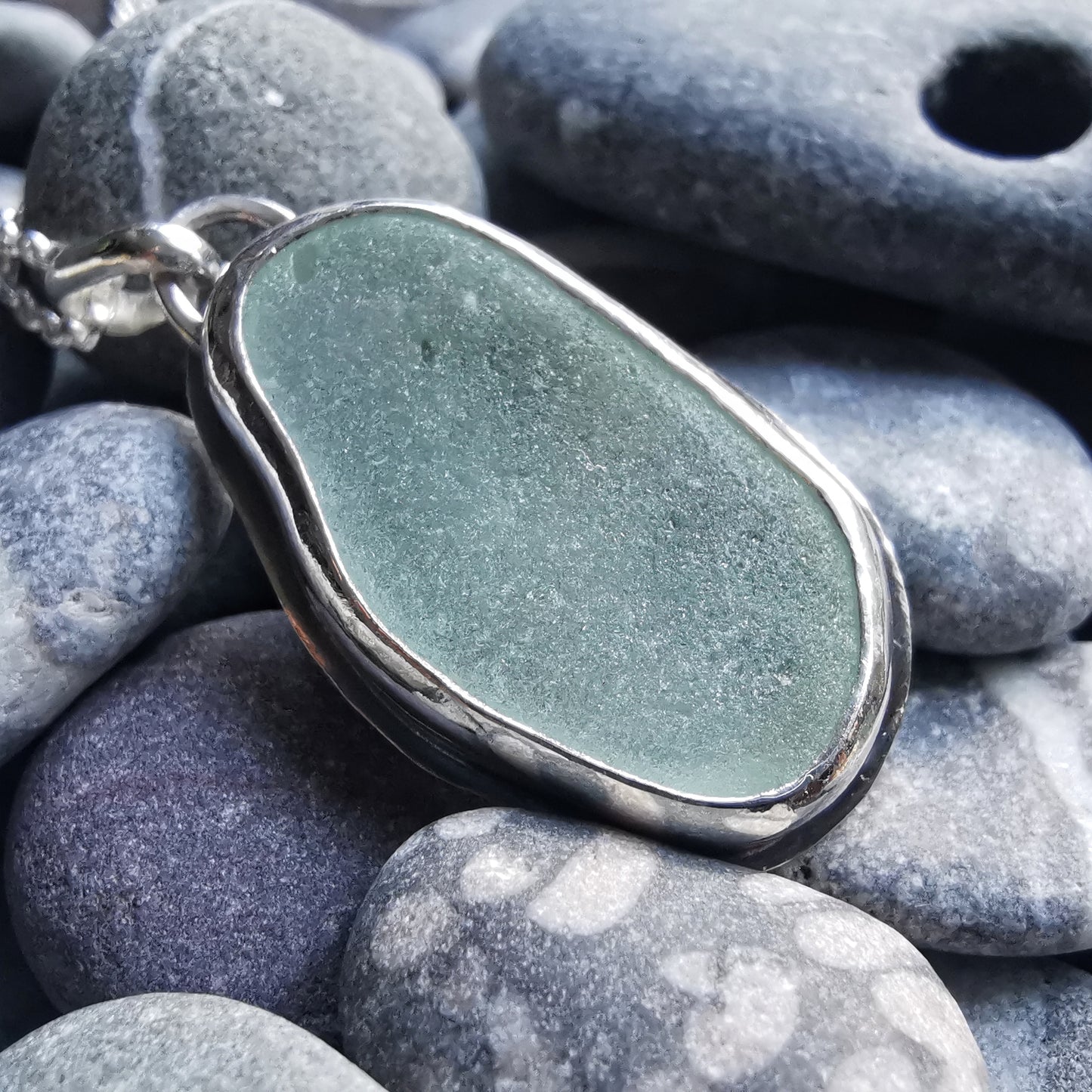 Custom made for Gillian. Seafoam sea glass & sterling silver pendant.