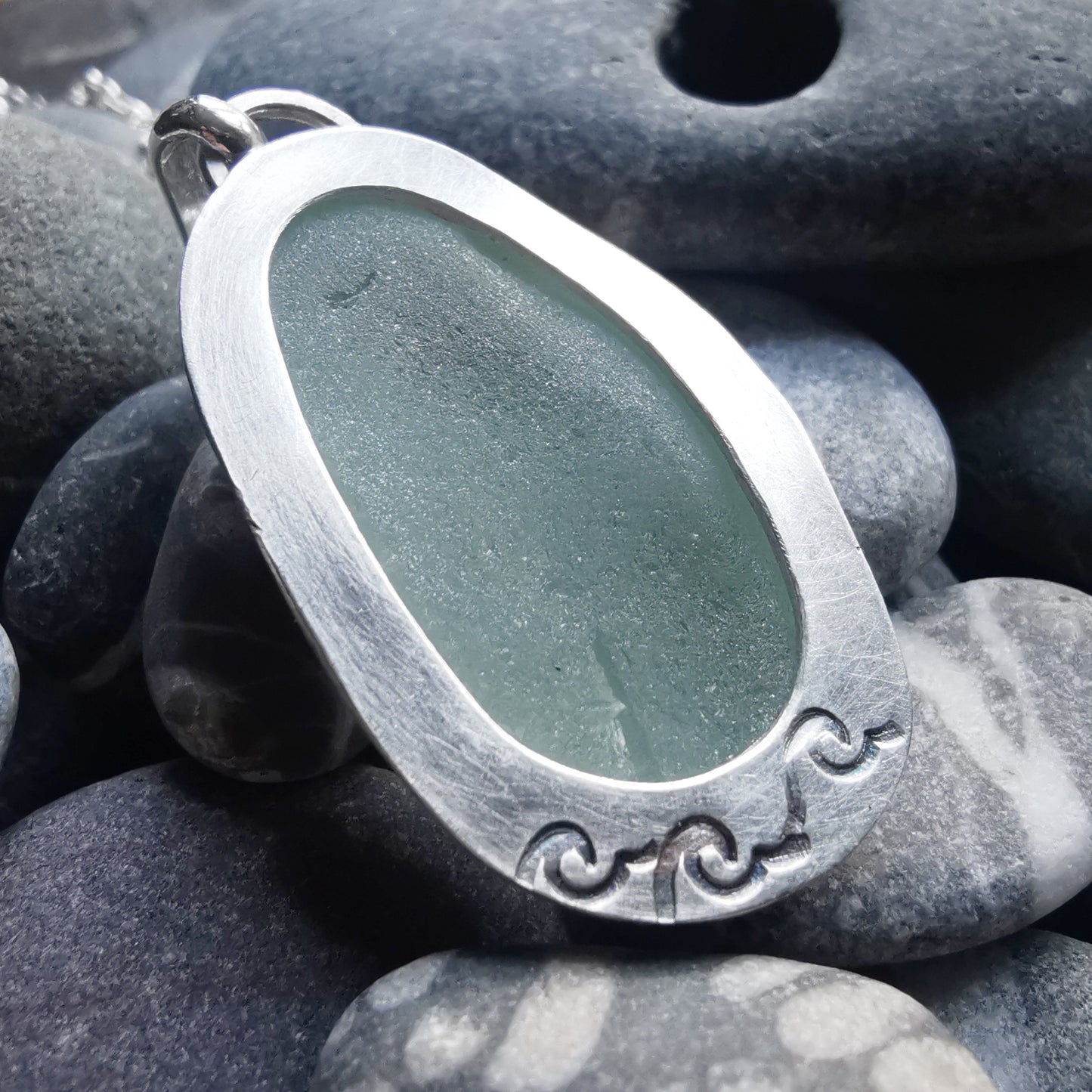 Custom made for Gillian. Seafoam sea glass & sterling silver pendant.