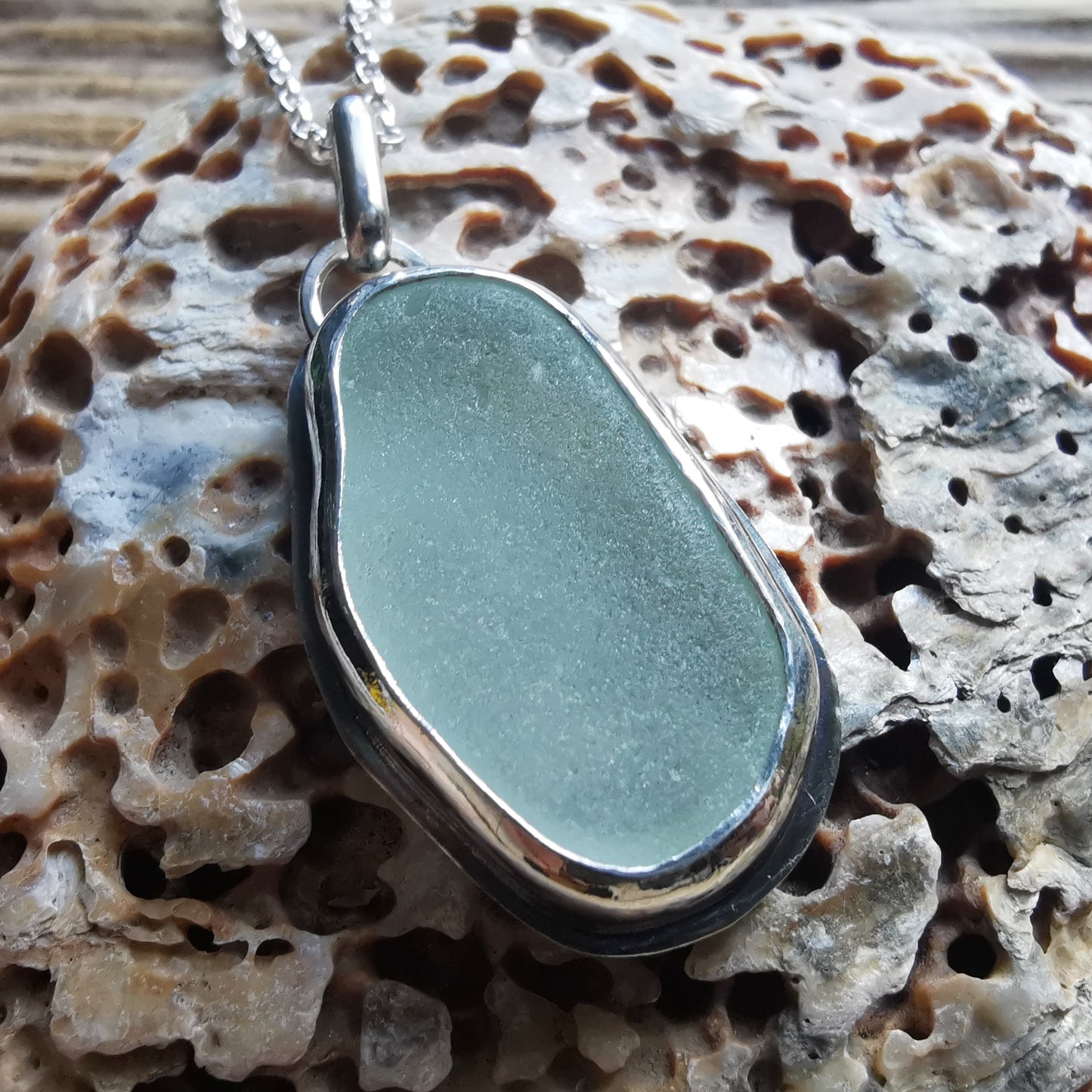 Custom made for Gillian. Seafoam sea glass & sterling silver pendant.